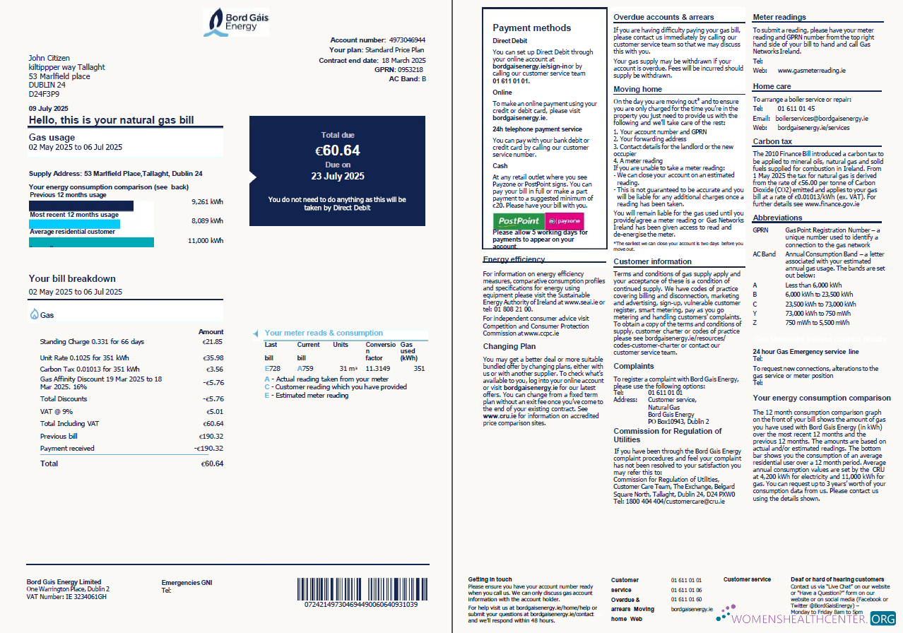 download Ireland Bord Gáis Energy utility bill template in Word and PDF formats, 2 pages, version 2 PDF template